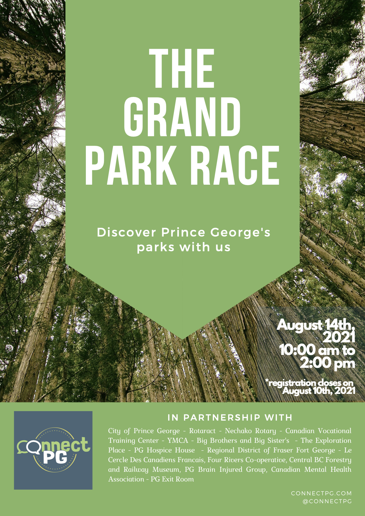 Poster. Reads "The Grand Park Race. Discover Prince George's parks with us in white text on green background over a background of trees in a forest or park. August 14th, 2021. 10:00am to 2:00pm *Registration closes on August 10th, 2021. 